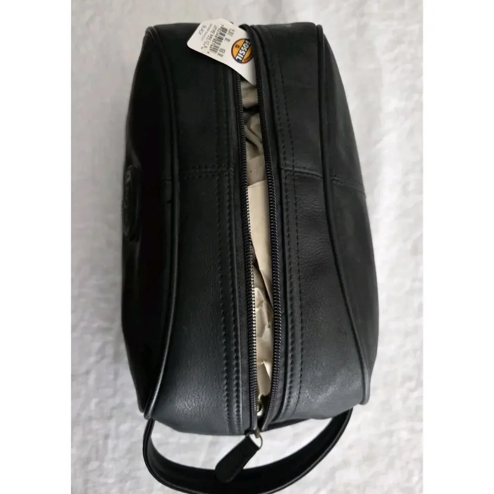 Fossil Leather Toiletry Shaving Kit Travel Bag Multi Compartments Black 11x6x5